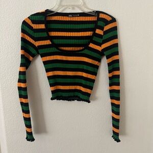 3/$15 Zara Women's Striped Long Sleeve Top - Green and Orange